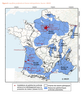 Cartographie des cibles exploratoires de géothermie profonde et des installations en fonctionnement en France