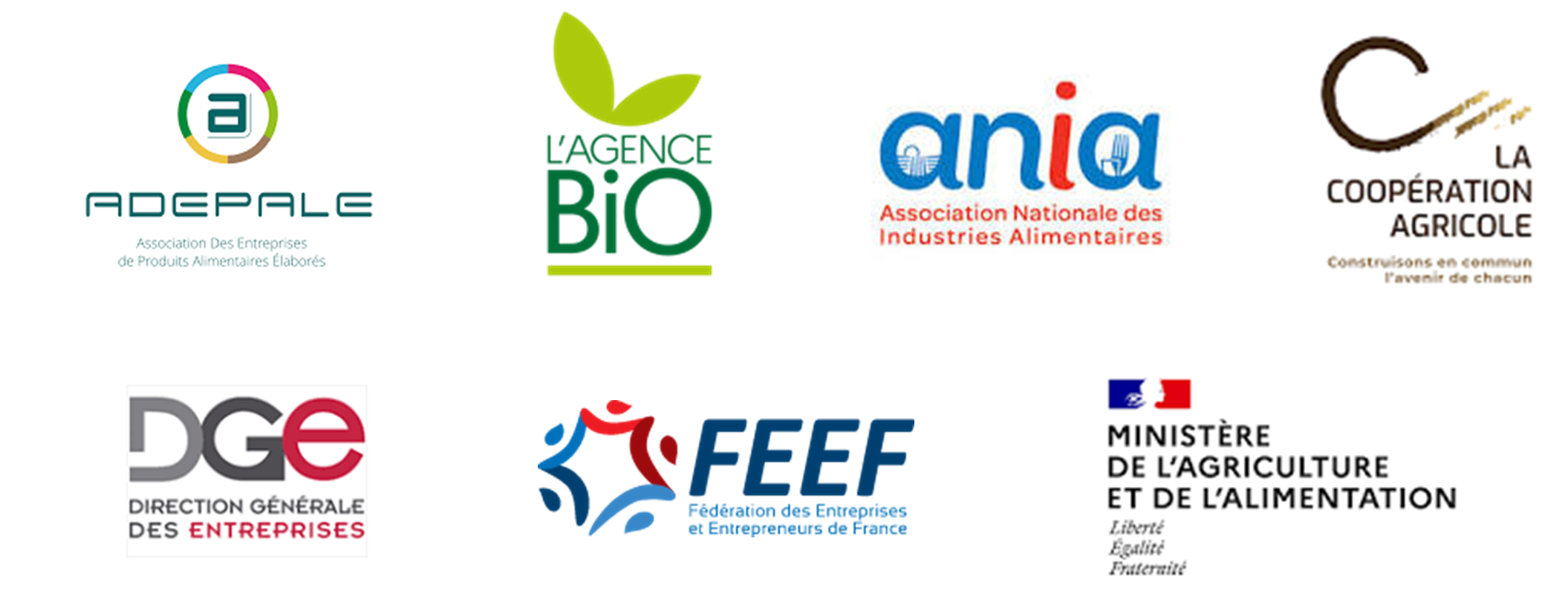 Partenaires accélérateur agroalimentaire : Adepale, l'Agence bio, Ania, Coopération agricole, DGE, FEEF, Ministère de l'agriculture et de l'alimentation